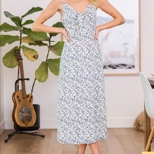 Lulu’s Captivating Crush Blue Floral Print Tie-Front Midi Dress